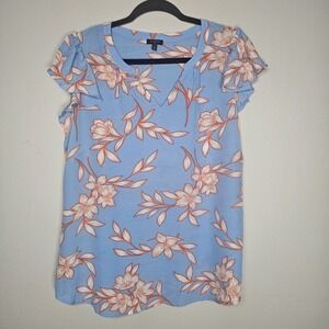 Talbots Women's 1X Blue Floral V-Neck Flutter Sleeve Top Lightweight Shirt